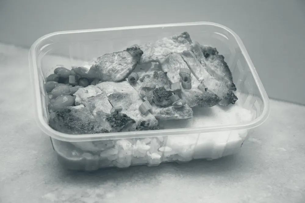 A lunch box with sliced grilled chicken breast, rice, beans and mashed potato.