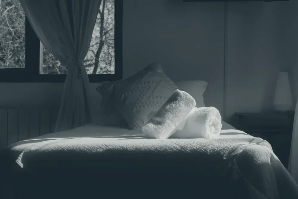 A cozy bedroom with a made bed lit by soft morning light through the window.